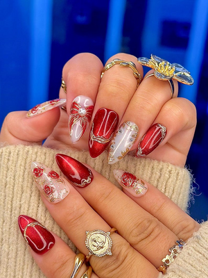 Press On Nails For Christmas | Holiday Christmas Nails | Gold Leaf Luxury Nail Art | Pearl Accent Classy Nails | OB210EC