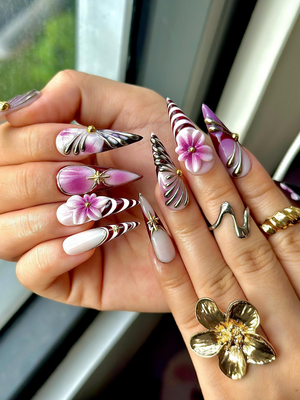 Elegant Violet Floral Press On Nails | Purple Chrome Floral Nails| Elegant Holiday Nails | Luxury Gradient Press Ons | OB211EC