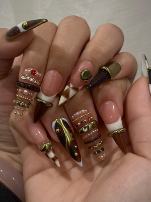 Brown Gold Luxe Press On Nails | Sculptural Ring Nail Art | Luxury Jewelry Inspired Nails | High Fashion Press Ons | Luxury Nail | OB262HK