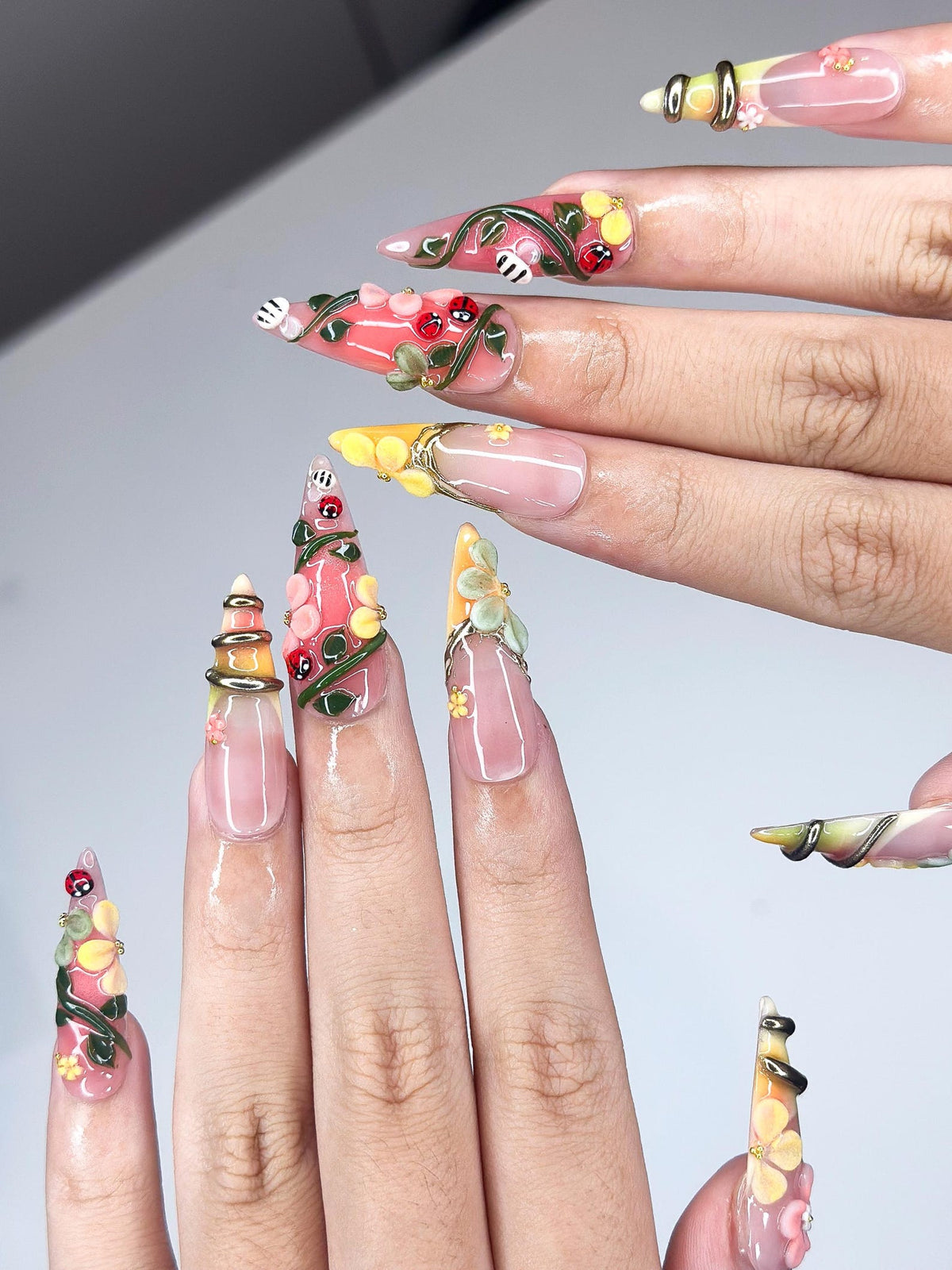 3D Ladybug Floral Press On Nails | Metallic Vines Enchanted Garden Set| OB1327IK
