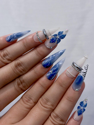 Blue Marble Blossom Press On Nails for Spring Blue | Handmade Nude & Sapphire Nails with Floral Art | Elegant Stiletto Nail Design |OB2890EC