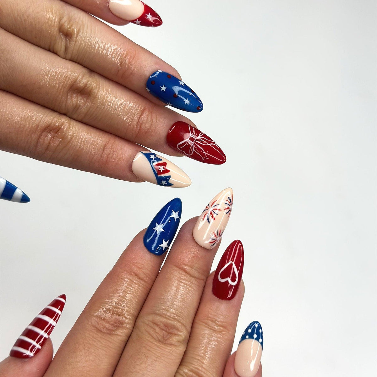 4th of July Press On Nails | Handpainted Patriotic USA Flag Almond Nails | OB398LK