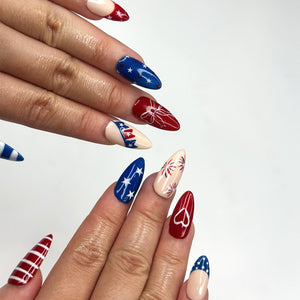 4th of July Press On Nails | Handpainted Patriotic USA Flag Almond Nails | OB398LK