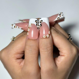 Luxury Leopard Press On Nails | Pearl Flower Nude Nail Set | Elegant French Tip Nails | Quiet Luxury Animal Print Nails | OC450J
