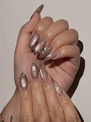 Luxury Cat Eye Press On Nails, Luxury Gold Foil Trim Fake Nails, Elegant Nude Shimmer Nails for Wedding and Formal Events, OC1293HC