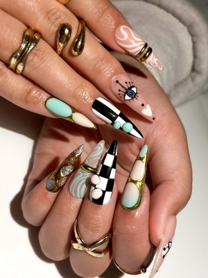 Gilded Luxury Colorful Press On Nails | Eye Art Gold Ring Nails | Handmade Nude Stiletto Nail Art | Luxury Statement Press Ons | OB302EC
