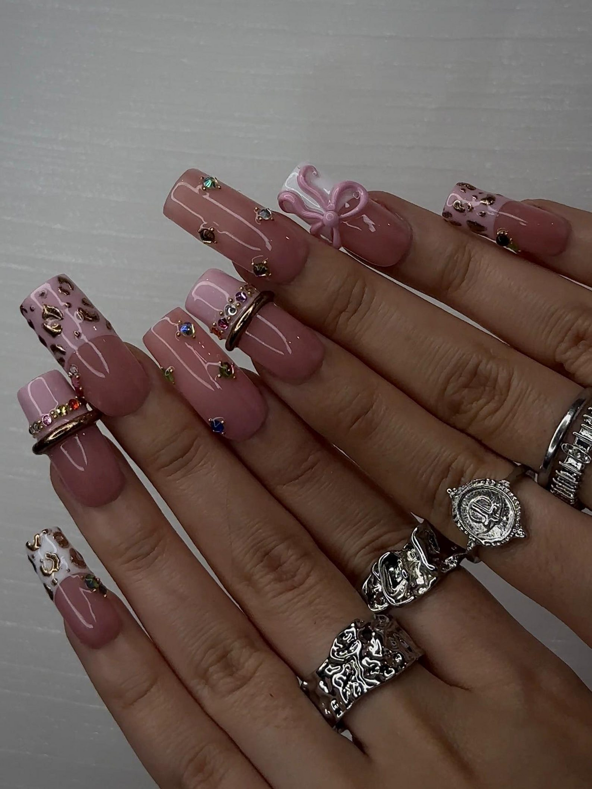 Blush Pink Leopard Press On Nails for Luxury Nail Lovers | Nude Pink Nails with 3D Bow Accent| Leopard French Tips with Gold Detail| OB288HC