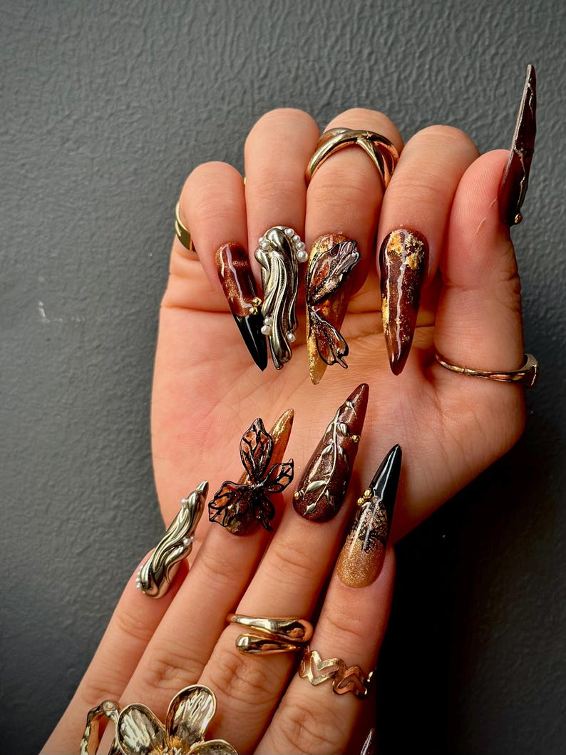 Autumn Butterfly Press On Nails | Luxury Handmade Brown Nails | Nature Inspired Stiletto Press Ons | Elegant Butterfly Design | OB168HC