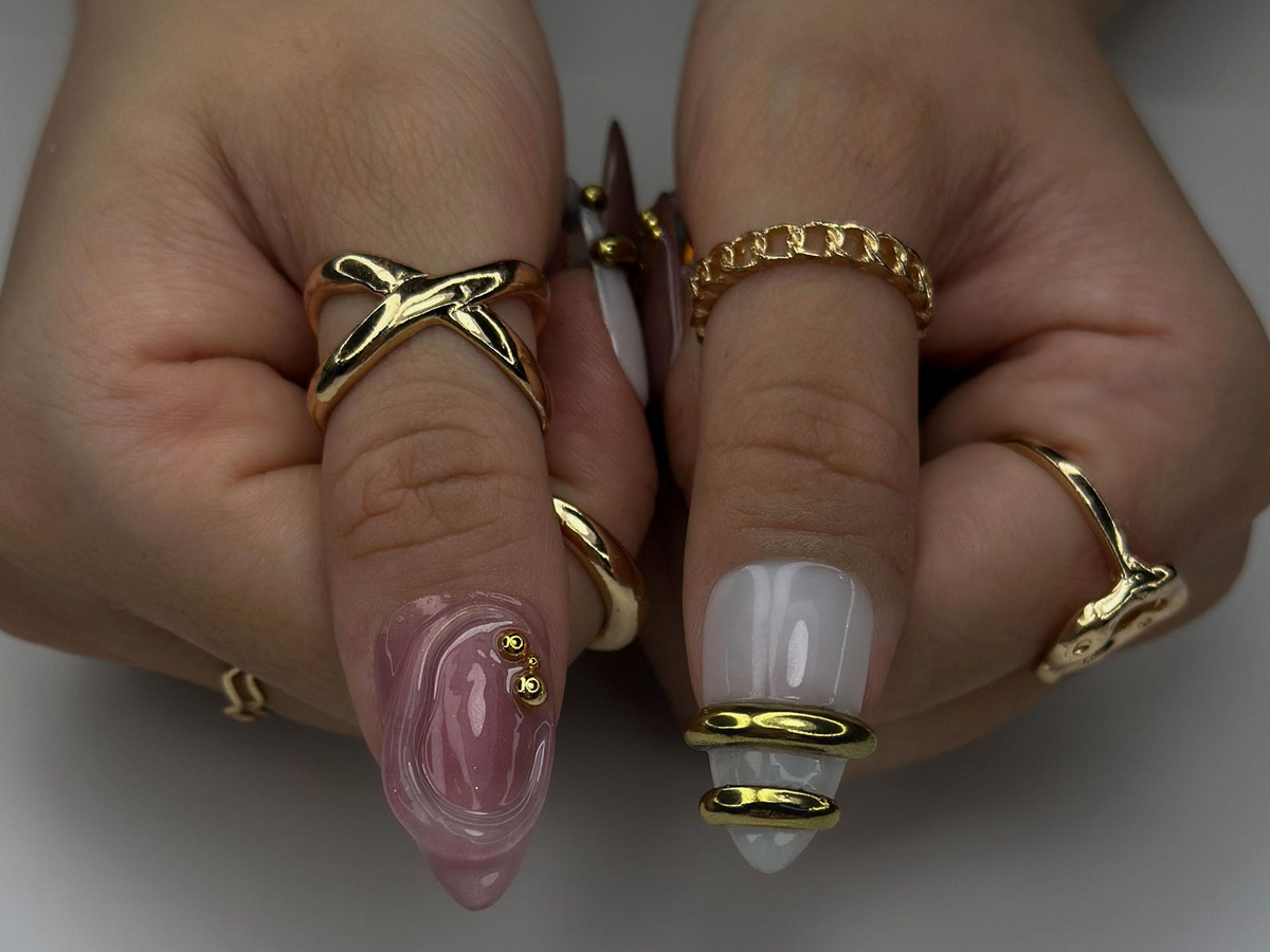 Aurora Gold Swirl Press On Nails | Holographic Iridescent Shell Nails | 3D Gold Chrome Accent Tips | Almond Shape Artistic Nails | OC1007EC