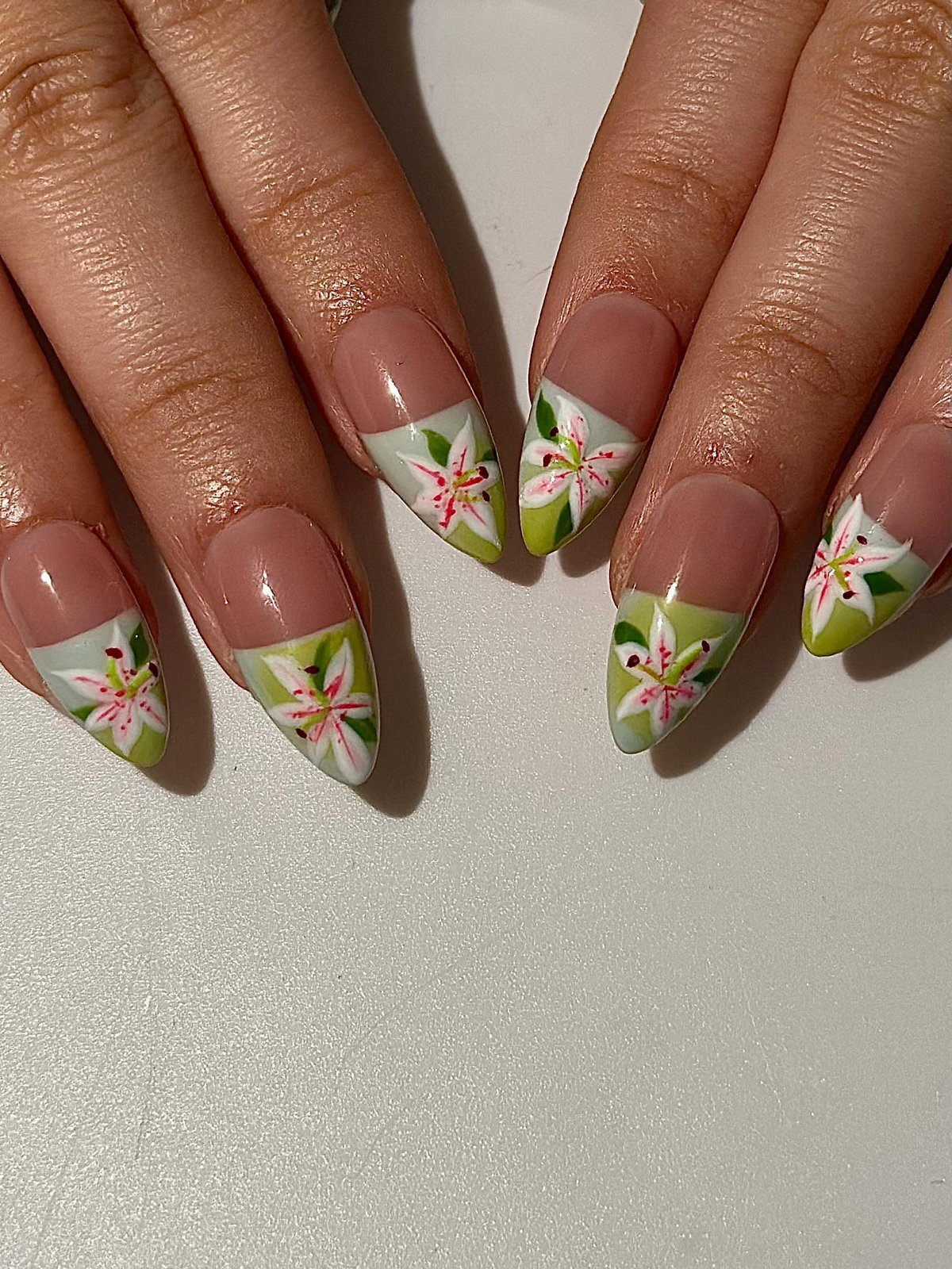 Soft Lily Floral Press On Nails for Spring | Pink Green Flower Nails | Lilies Nail Art | Botanical Press Ons | Romantic Spring Nail| OB294HC
