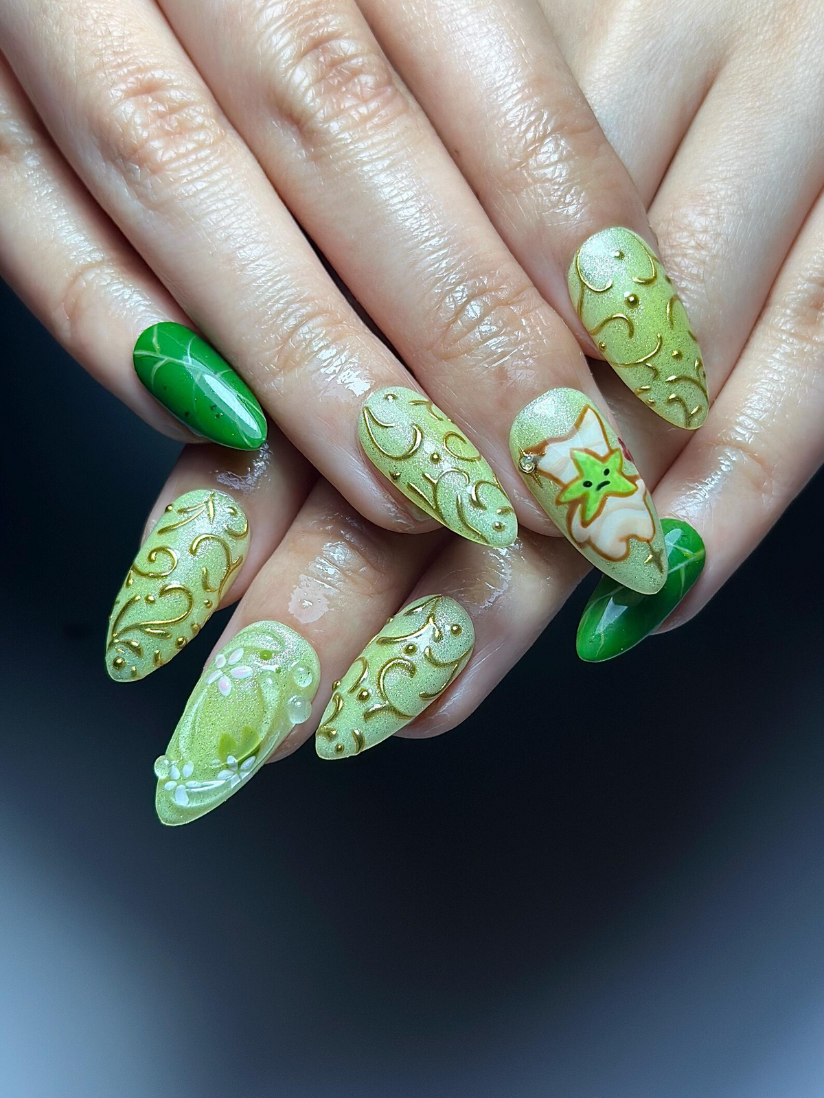 Korok Forest Press On Nails | Legend of Zelda Inspired Nails | Cute Green Fantasy Nail Art | Korok Leaf Nails | Game Press Ons | OB325HC
