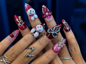 Gothic Bunny Dream Press On Nails | Red And Pink Festive Nail Art | 3D Bunny & Bow Charms | Starry Holiday Glam Nails | OB1177BC