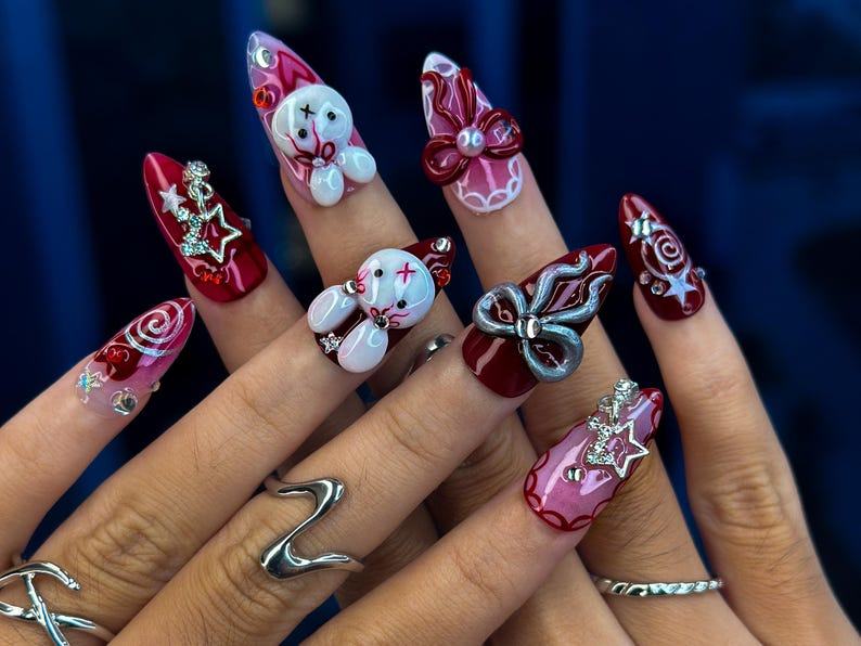 Gothic Bunny Dream Press On Nails | Red And Pink Festive Nail Art | 3D Bunny & Bow Charms | Starry Holiday Glam Nails | OB1177BC
