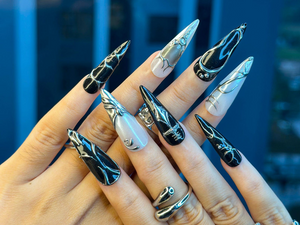 Black Silver Chrome Press On Nails | Gothic Metallic Nail Art | Winter Armor Nails | Holiday Party Nails | Handmade Gift Set | OC1193BK