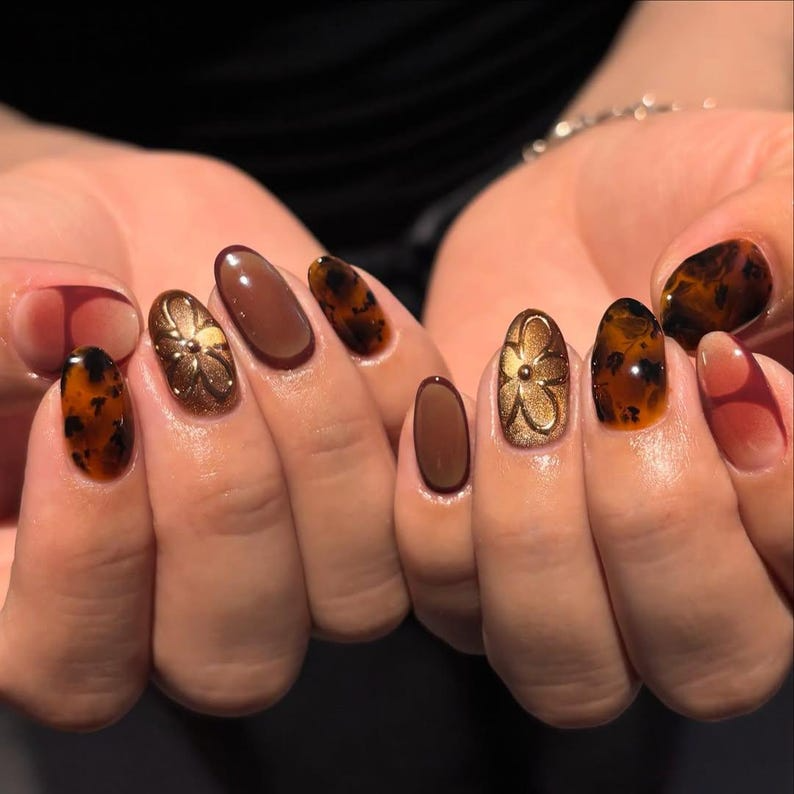 Autumn Burgundy Tortoiseshell Press On Nails | Gold Orchid Accent Nails | Gradient Fall Nail Art | Elegant Autumn Nail Set | OB187EC