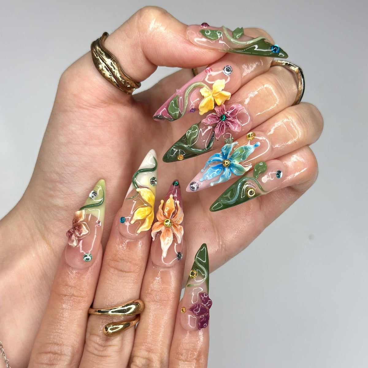 3D Tropical Flower Fairy Press On Nails | Colorful Floral & Green Vine Art | Whimsical Stiletto Design | Summer Festival Wedding | OB90DG