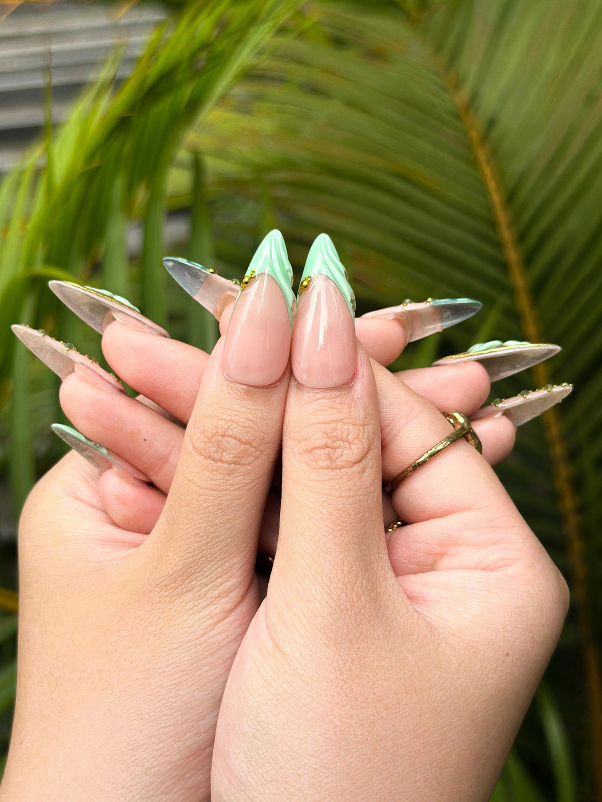 Jade Green Press On Nails with 3D Flower and Gold Detail | Elegant Floral Nails in Almond Shape | Luxury Nails | OC342NC