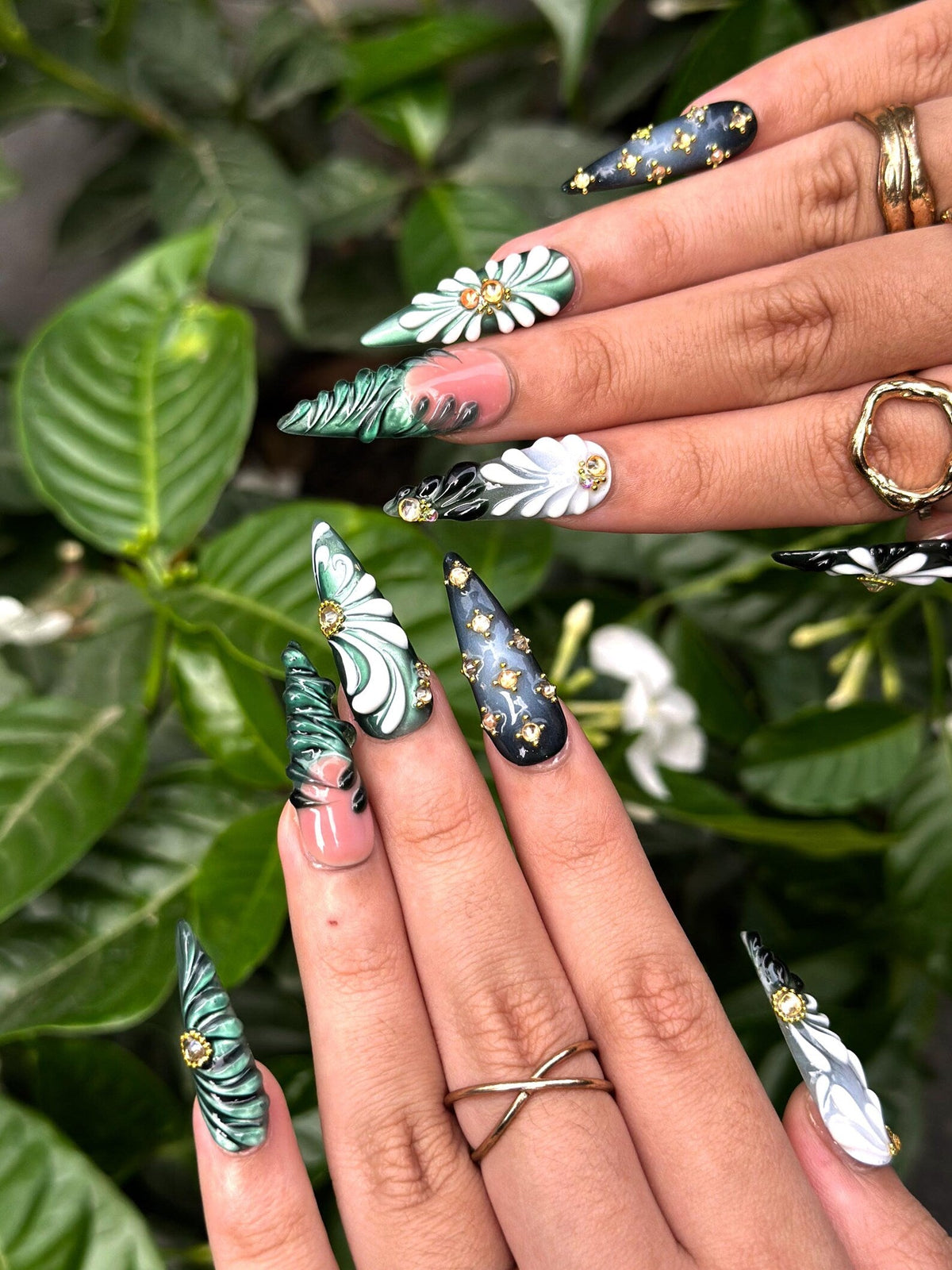 Green Black Press On Nails with 3D Floral and Gold Detail | Elegant Botanical Nails in Almond Shape | Luxury Nails | OB356NC