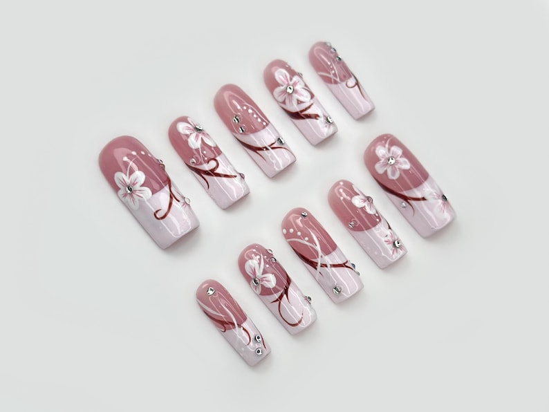 Floral Pink Gradient Press On Nails | Elegant Pink Floral Nail Art | Rhinestone & Petal Design | Romantic Spring Nails | OB206EC