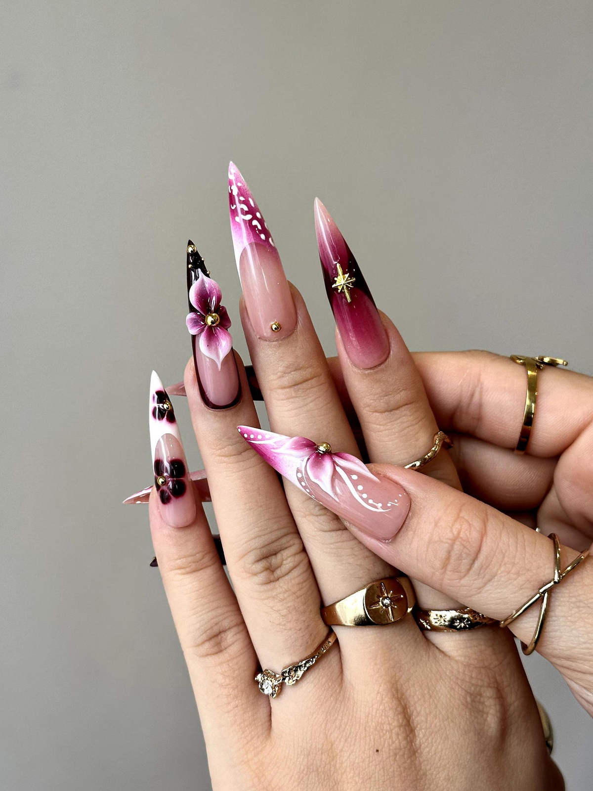 Elegant Floral Press On Nails | 3D Floral Ombre Nails | Burgundy & Pink Gradient Nail Art | Luxury Handmade Press Ons | OC881HC