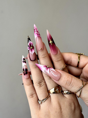 Elegant Floral Press On Nails | 3D Floral Ombre Nails | Burgundy & Pink Gradient Nail Art | Luxury Handmade Press Ons | OC881HC