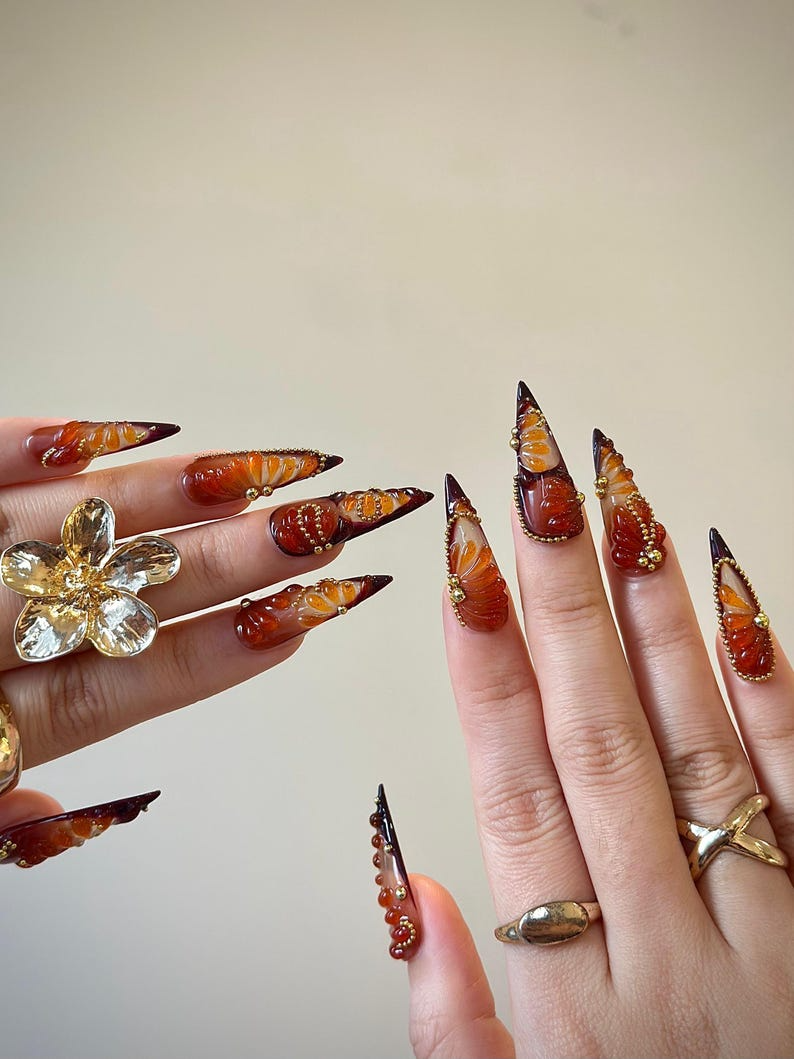 Amber Fall Press On Nails | Brown & Gold Ombre Nail Art | 3D Swirl Nails | Luxury Long Stiletto Nails | Elegant Glam Press Ons | OB174HC