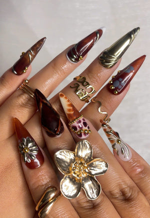 Autumn Luxe Press On Nails | Dark Red & Metallic Gold Nail Art | Handmade Gothic Glam Nails | Long Stiletto Nail | Luxury Fall Vibe| OB173HK