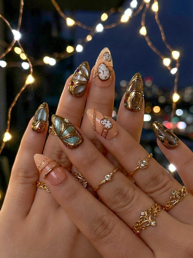 Opulent Gold Luxury Press On Nails | Vintage Watch Gothic Nail Art | Gold Frame Clock Inspired Nail Set | OC1239EC