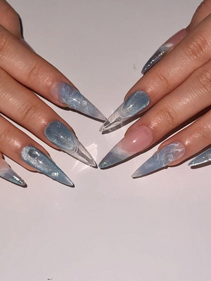 Icy Blue Ocean Press On Nails | Blue Stiletto Nails for Women | Clear French Tip Crystal Nails | Bridal Luxury Nails| Elegant Nails|OC1277HC
