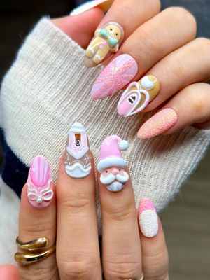 Pink Gingerbread Christmas Press On Nails | Festive Holiday Nail Art | 3D Santa & Candy Cane Nail Set | Handmade Pink Winter Nails|OB225EG