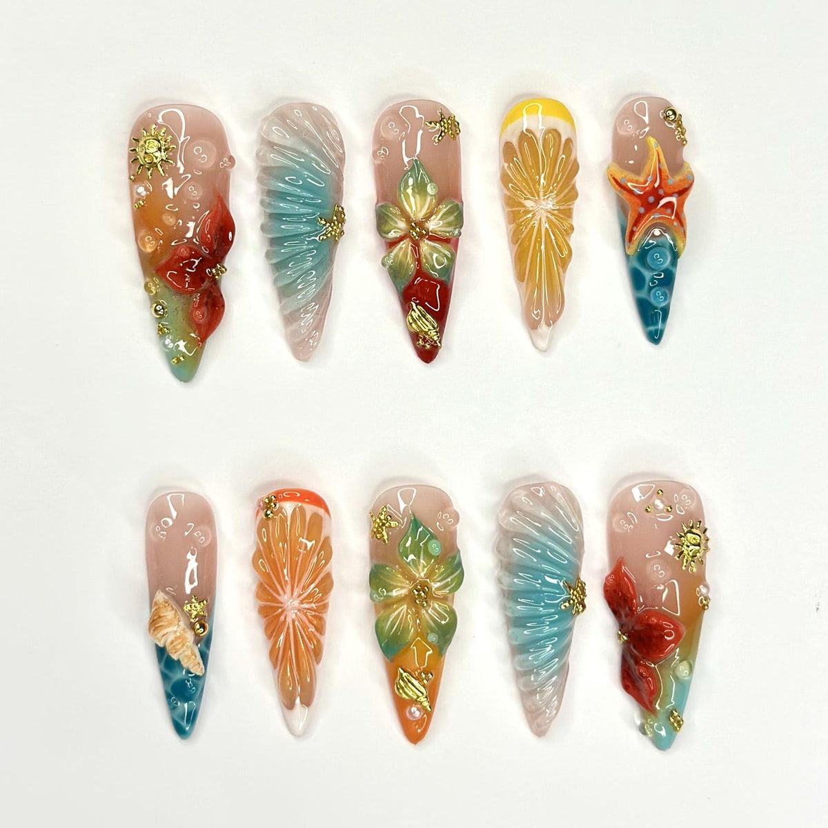 3D Fruit & Tropical Flower Nails | Yellow Lemon Orange Citrus Press On | Pastel Blue Shell Starfish Art | Summer Beach Vacation | OB1349D