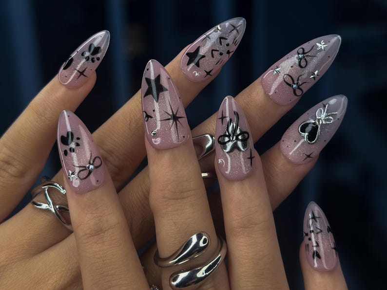 Bengals Cat Press On Nails | Holiday Chrome Pink Nails | Cute Bow & Stars Nail Art | Christmas Gift for Her | Mystic Winter Cat Press On Nails  OB1182BC