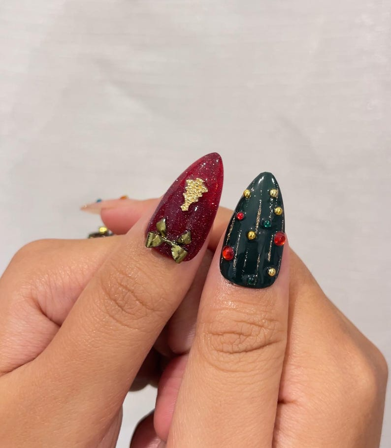 Luxe Christmas Press On Nails | Red Green Gold Christmas Nails | 3D Bow & Bell Nail Art | Festive Winter Press Ons | Christmas Set| OB1208H