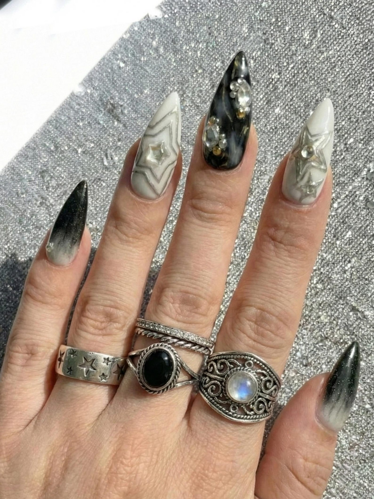 Gothic Black Cat Galaxy Press On Nails for Bold Girls | Handmade Silver Star Fake Nails | Dark Smoky Crystal Nail Art | OB286E