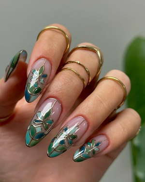 Stained Glass Floral Press On Nails | Neutral Floral Press Ons | Nude & Metallic Fake Nails |Elegant Bridal Nail Art |Wedding Nails |OB778YC