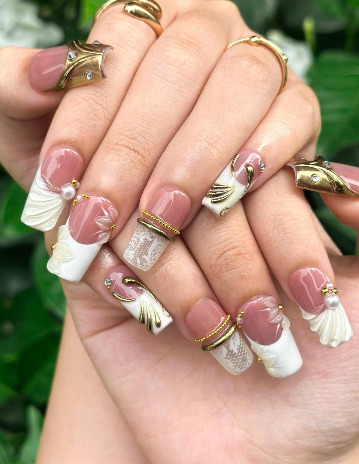 Royal Balletcore Press On Nails | Luxury Pearl Bow Fake Nails | Handpainted Gold French Tip Nails |Elegant Bridal Nails Reusable | OB343IC