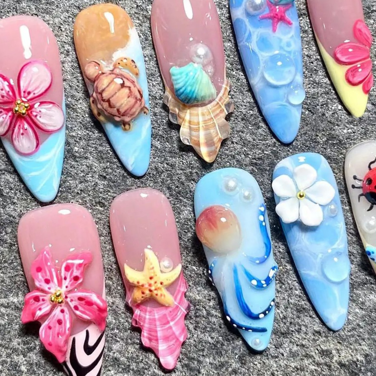 3D Shark Ocean Press On Summer • Blue Sea Animal Nails • Dolphin Whale Shark Nails • Summer Beach Nails Almond Shape | OB414L