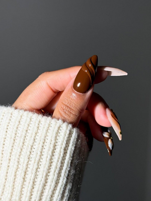 Mocha Bloom Autumn Press On Nails | Brown Nude Gradient Nail Set | 3D Flower & Gold Bead Accents | Luxury Tortoiseshell Nail | OB1102EK