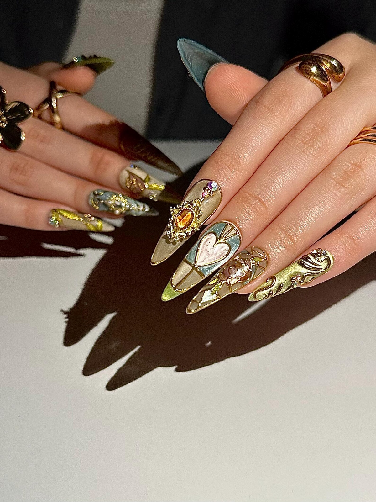 Baroque Stained Glass Press On Nails | Vintage Luxury Heart Nails | Handmade Victorian Aesthetic Nails | Handmade Stiletto Press Ons|OB311HC