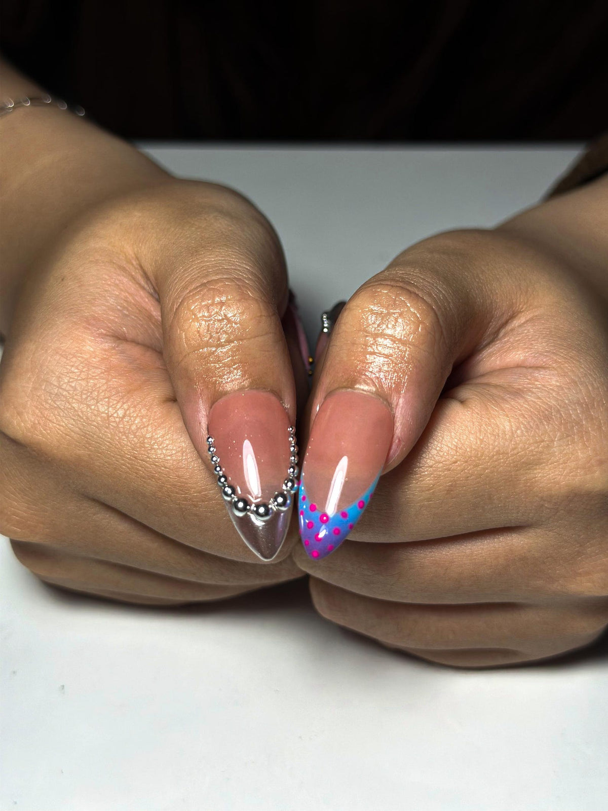 Glossy Press On Nails with Chrome Silver and Jelly Pink | Star Accent Pastel Nails in Almond Shape | Cute Nails | OC345NC