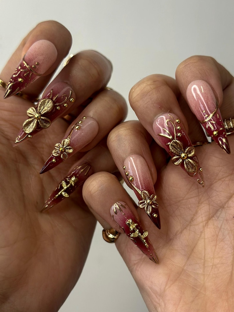 Golden Red Press On Nails | Burgundy & Gold Floral Nail Art | 3D Metallic Flower Design | Luxury Nail Set | Long Stiletto Press Ons| OC878HC