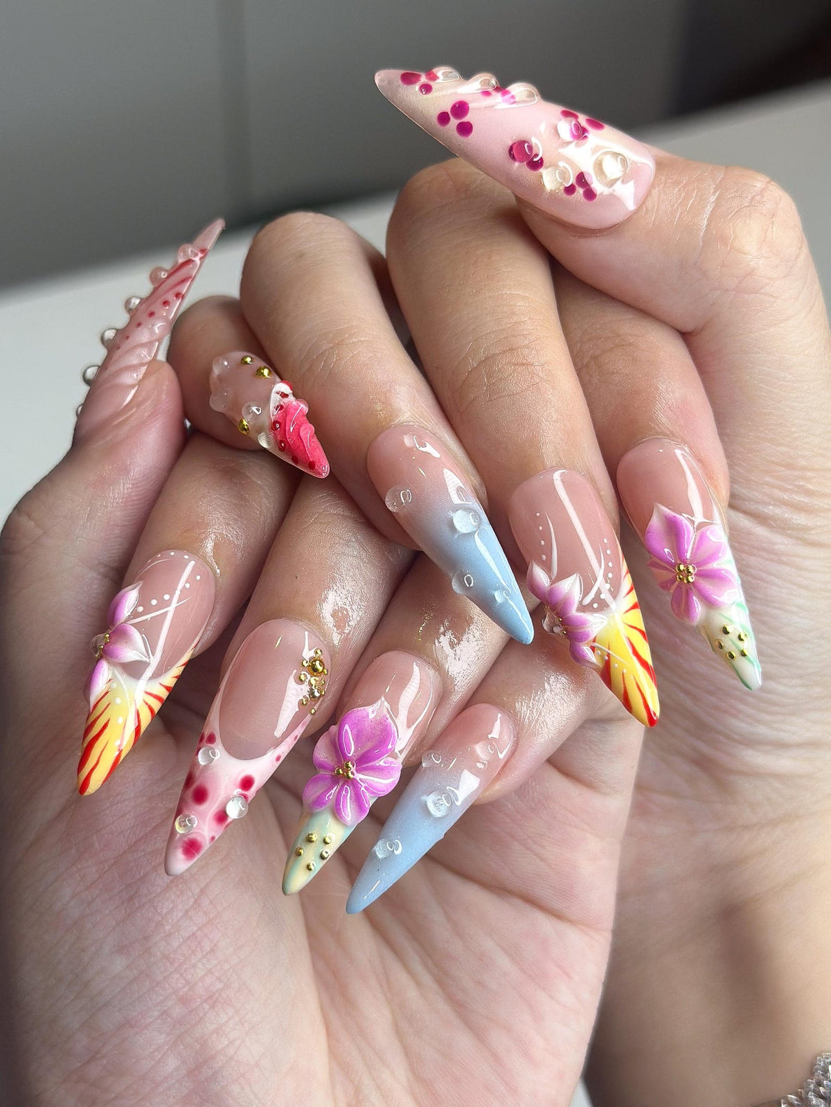2026 Festival Trend: Hibiscus Tropical Nails | Sunset Glow Pink &Orange Ombre Nails|Flower Press Ons |Water Drop Summer Vacay Nails| OB364IC