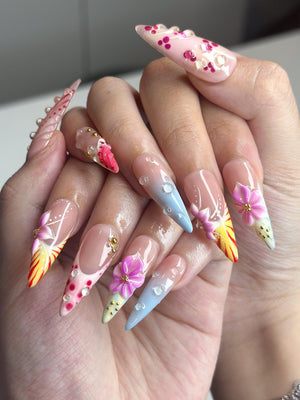 2026 Festival Trend: Hibiscus Tropical Nails | Sunset Glow Pink &Orange Ombre Nails|Flower Press Ons |Water Drop Summer Vacay Nails| OB364IC