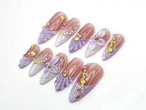 Lavender Ocean Bloom Press On Nails | 3D Seashell & Seahorse Nail Art | Purple Floral Mermaidcore Tips | Long Glossy Set | OC954EK