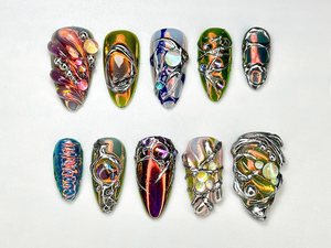 Edgy Metallic 3D Press-On Nails | Holographic Gem Nail Design | Metallic Chrome Nail Set | Chrome Press-On Nail Set | OB688H
