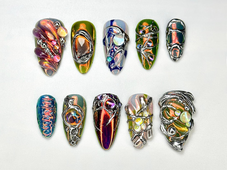 Edgy Metallic 3D Press-On Nails | Holographic Gem Nail Design | Metallic Chrome Nail Set | Chrome Press-On Nail Set | OB688H