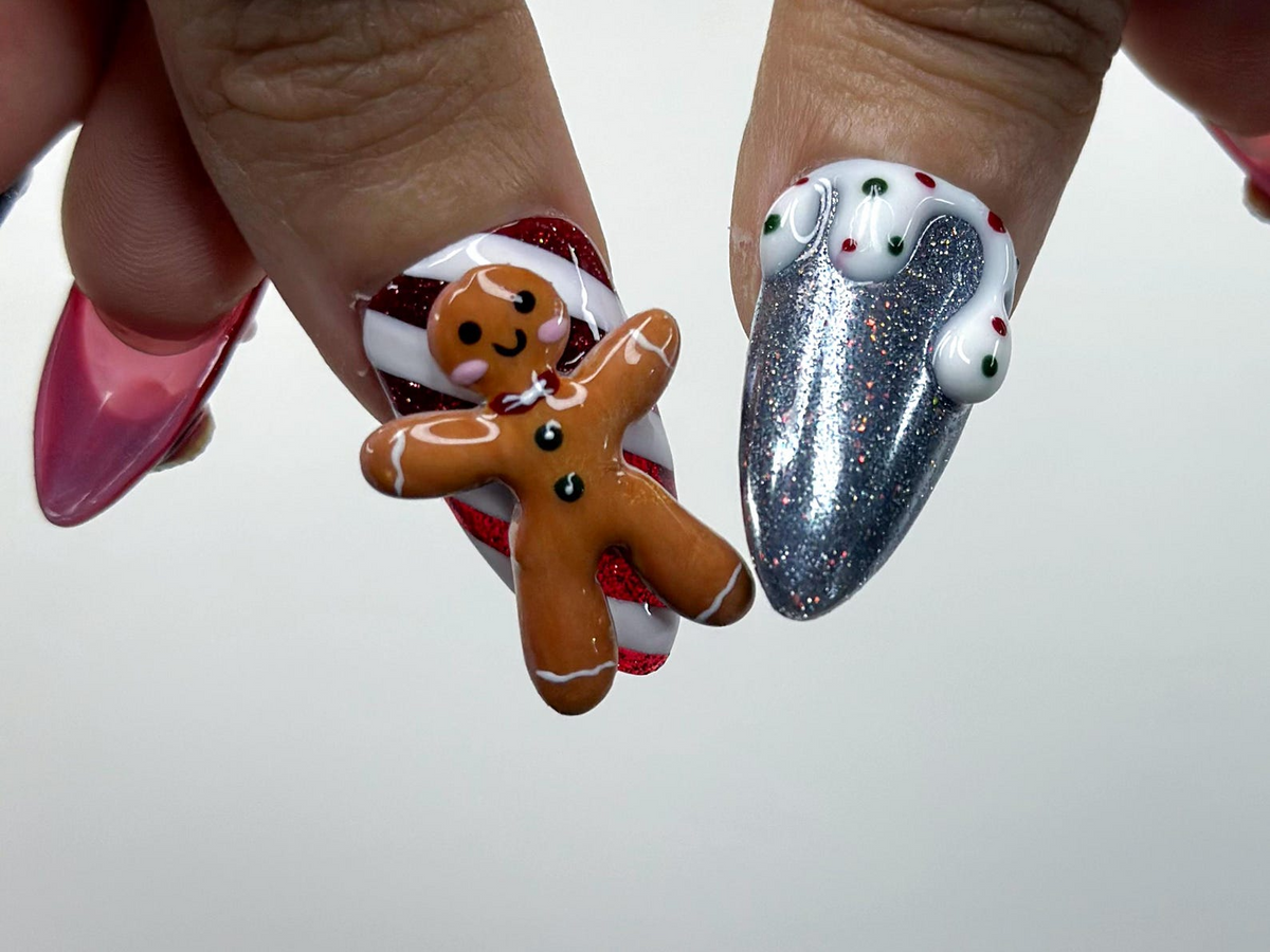 Gingerbread Red Christmas Press On Nails | 3D Christmas Cookie Nail | Peppermint & Snowman Holiday Nails| Red Glitter Festive Nails |OB216HC