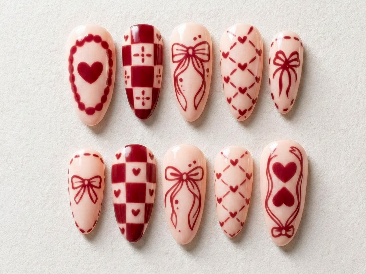 Sweetheart Bow Valentine Press On Nails | Heart Ribbon Romantic Nail Art | Red Gingham Love Nails | Cute Romantic Nail Set | OB274EC