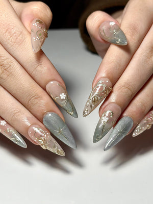 Elegant Gold Floral Cat eyes Nails | Nude Sage Blue Nails | Luxury Minimal Nails | Jasmin Flower Nails | Glossy Reusable Nails | OC339IC