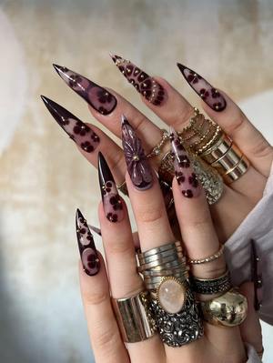 Fall Rose Luxe Press On Nails | Pink & Brown Autumn Glam Nails | 3D Bow and Rose Accents | Elegant Metallic Nail Design | OB1099EK